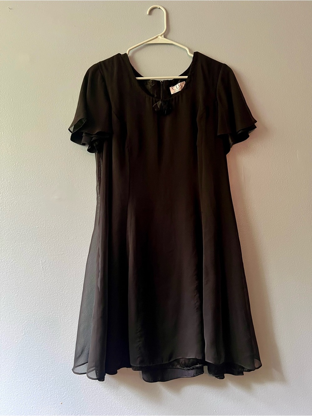 Black Flutter-Sleeve Mini Dress with Bow Detail